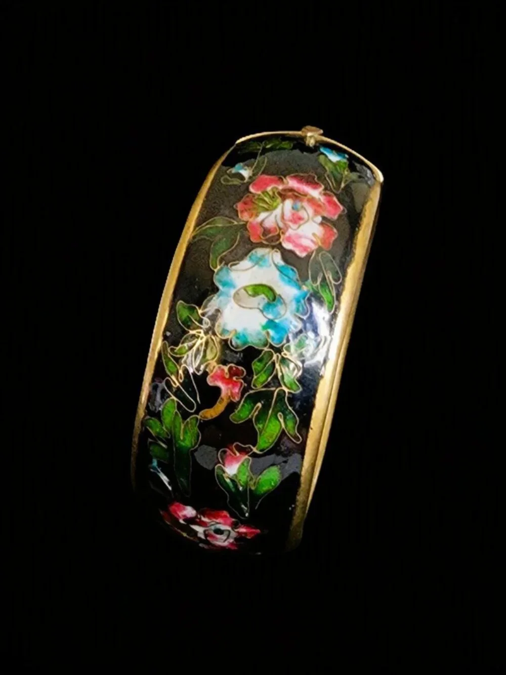 Vtg 60s Chunky Cloisonne Hinged Bangle Bracelet Heavy Brass Black Enamel 1.25